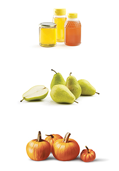 This is a photo of honey, pears and pumpkins.