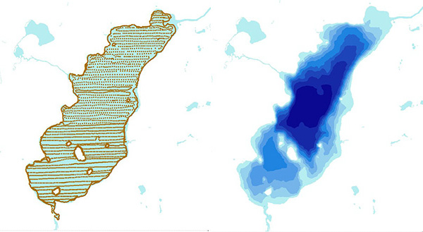 Figure 2. Données bathymétriques recueillies par bateau (lignes brunes sur l'image de gauche). Les données sur les points sont ensuite utilisées pour créer un modèle de profondeur (image de droite) dans des tons de bleu.