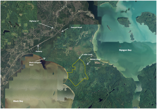 Base of the Black Bay Peninsula from a satellite image. Image features Highway 17, Everard Road, Railway, Black Sturgeon River, Black Bay, 5-mile Creek, Winter Road, and Nipigon Bay.