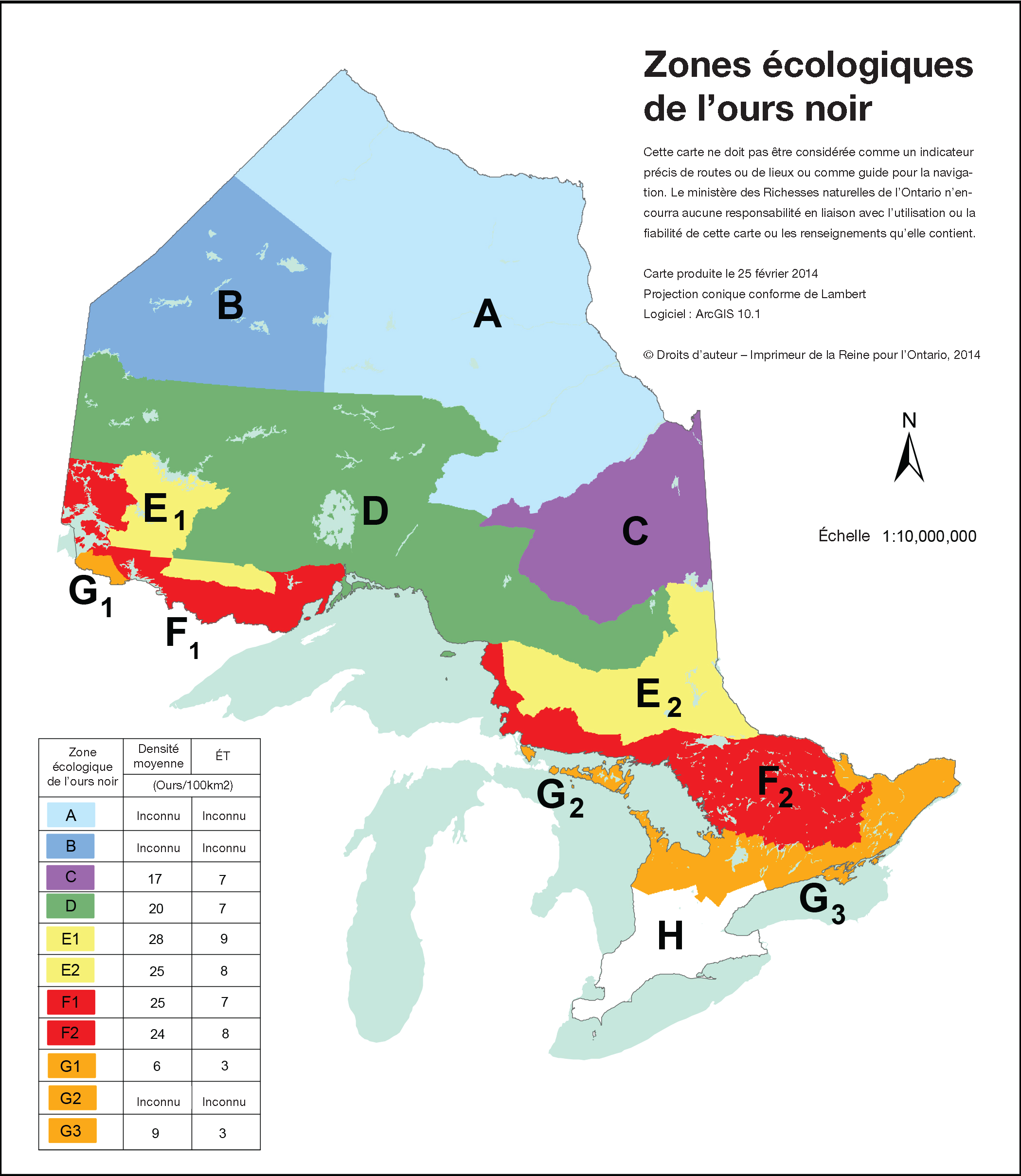 carte des zones écologiques de l’ours noir en Ontario.