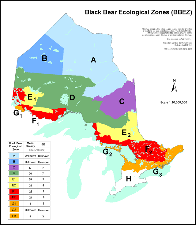 map of black bear ecological zones in Ontario.