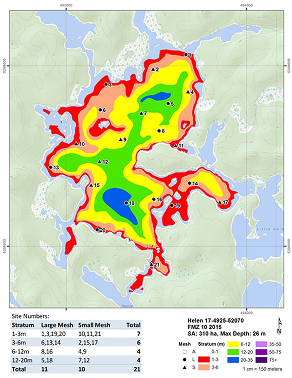 A lake showing broad-scale monitoring (BsM) netting locations (black dots) distributed randomly across depth strata (coloured bands).