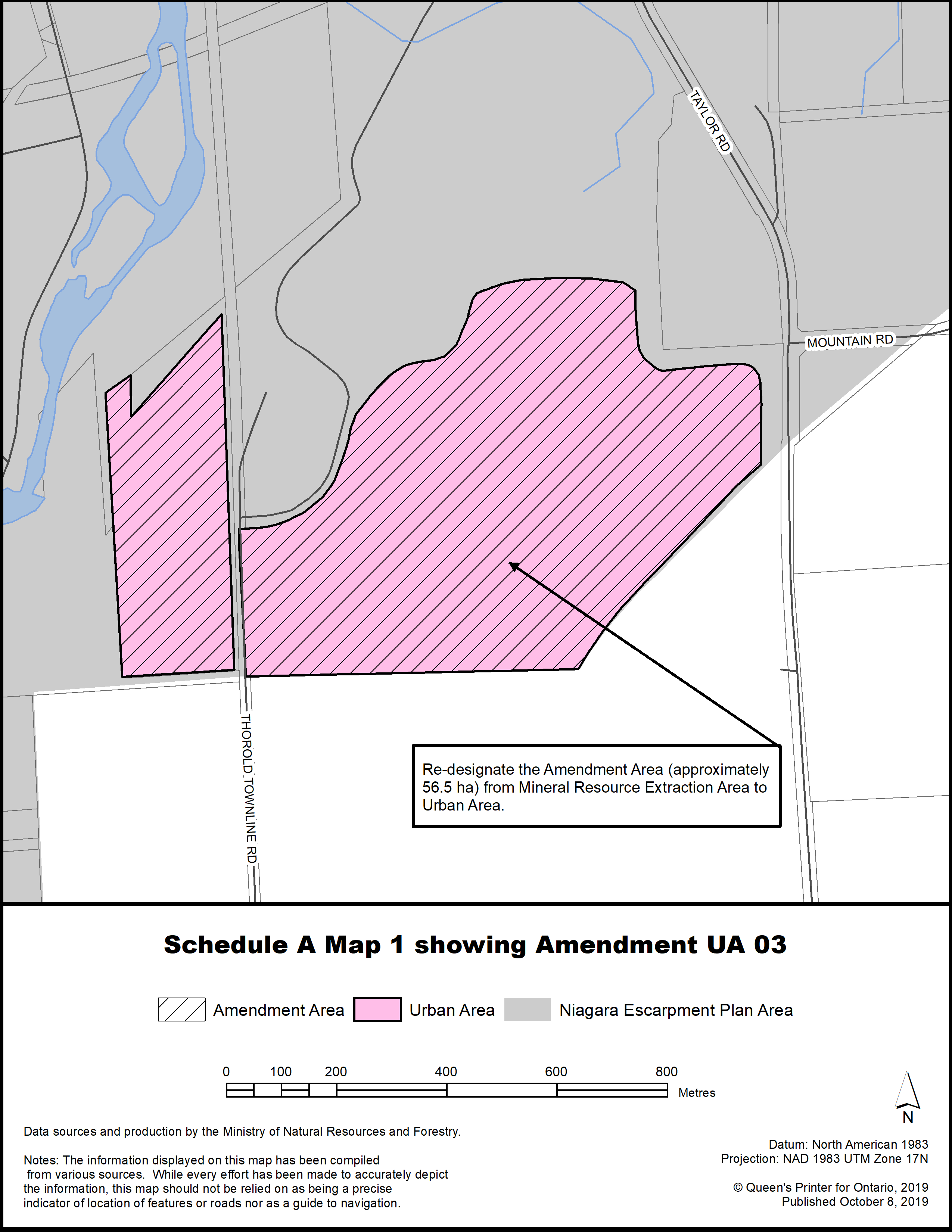 Schedule A Map 1 showing Amendment UA 03.
Re-designate the Amendment Area (approximately 56.5 ha) from Mineral Resource Extraction Area to Urban Area)