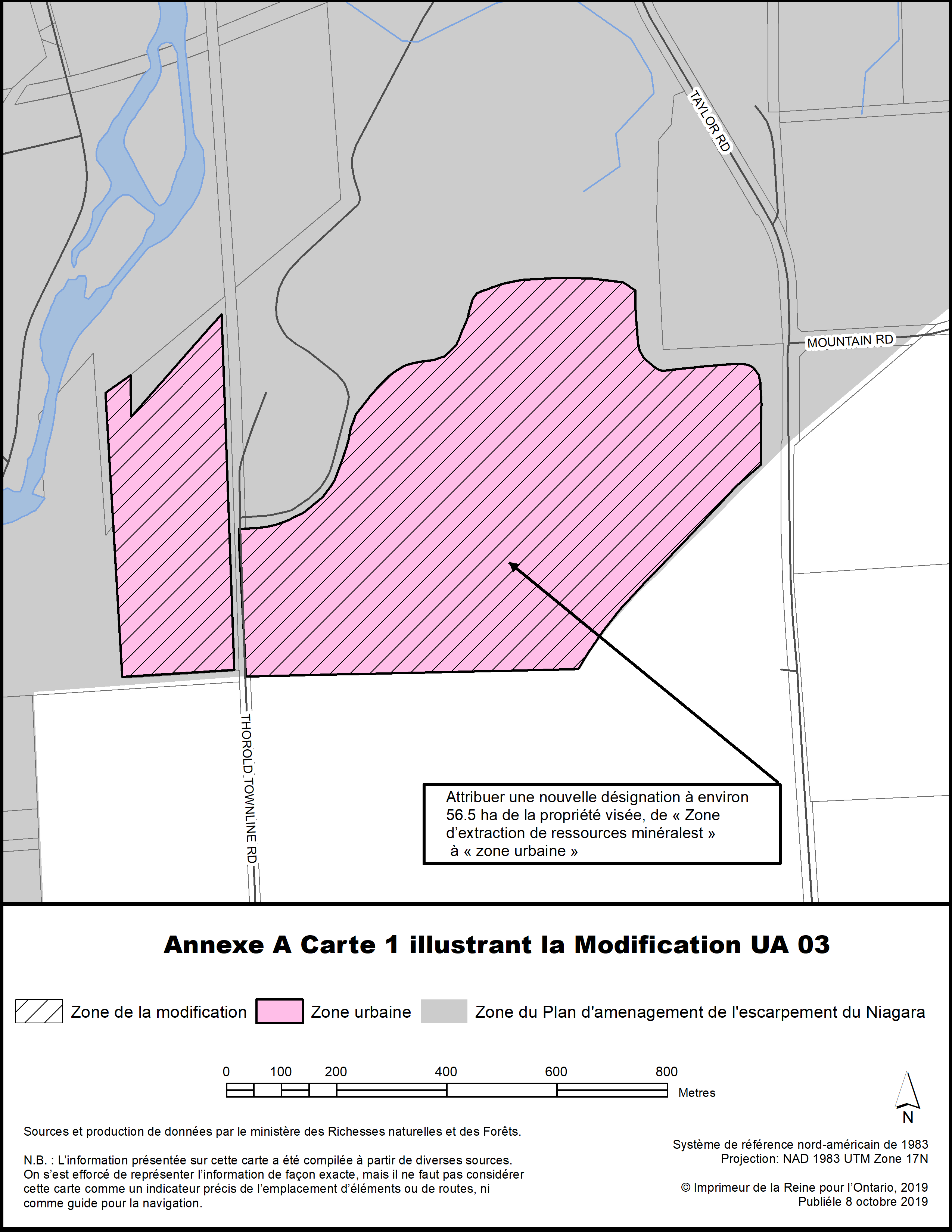 Annexe A Carte 1 illustrant la Modification UA 03.
Attribuer une nouvelle désignation à environ 56.5 ha de la propriété visée, de « Zone d'extration de ressources minéralest » à « zone urbaine ».
