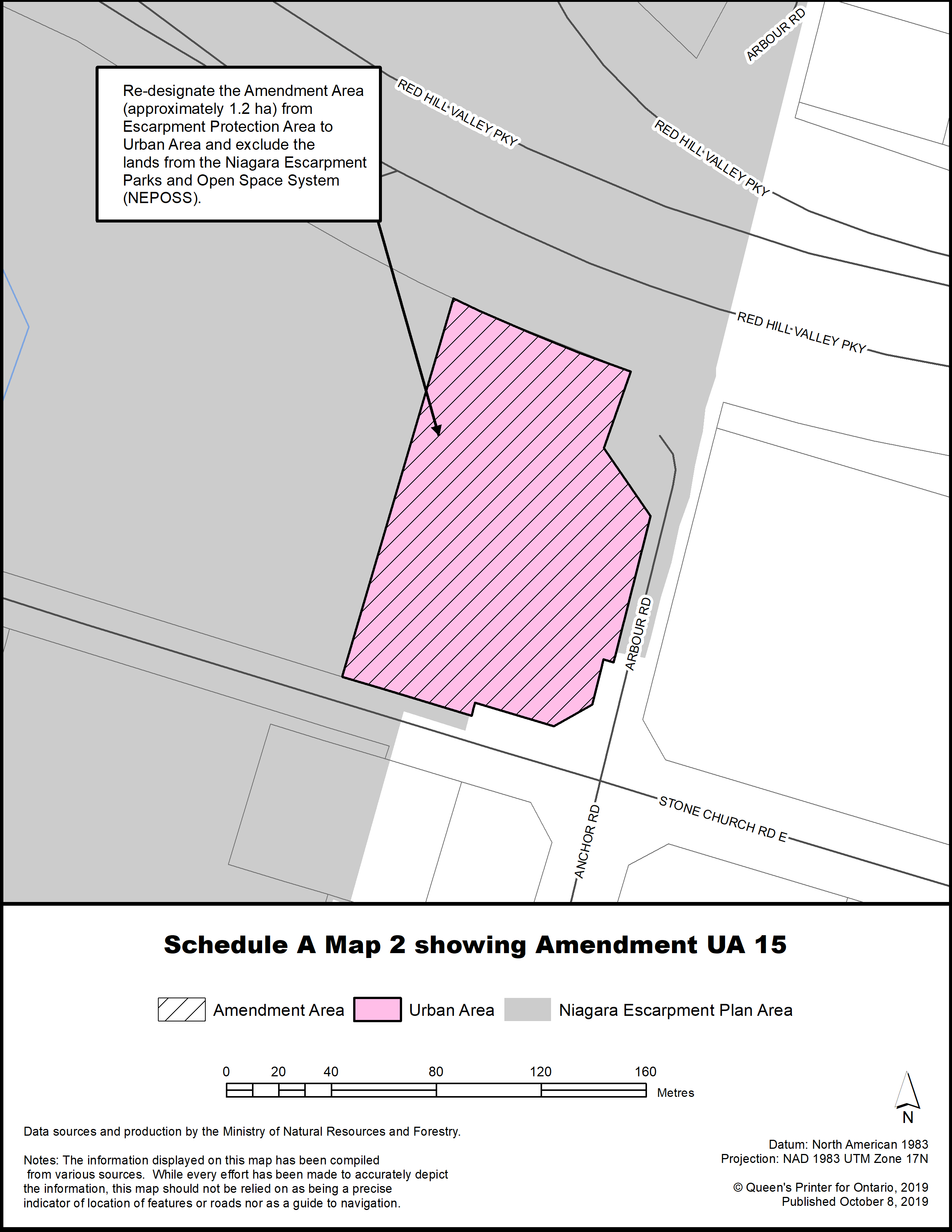 Schedule A Map 2 showing Amendment UA 15.
Re-designate the Amendment Area (approximately 1.2 ha) from Escarpment Protection Area to Urban Area and exclude the lands from the Niagara Escarpment Parks and Open Space System.