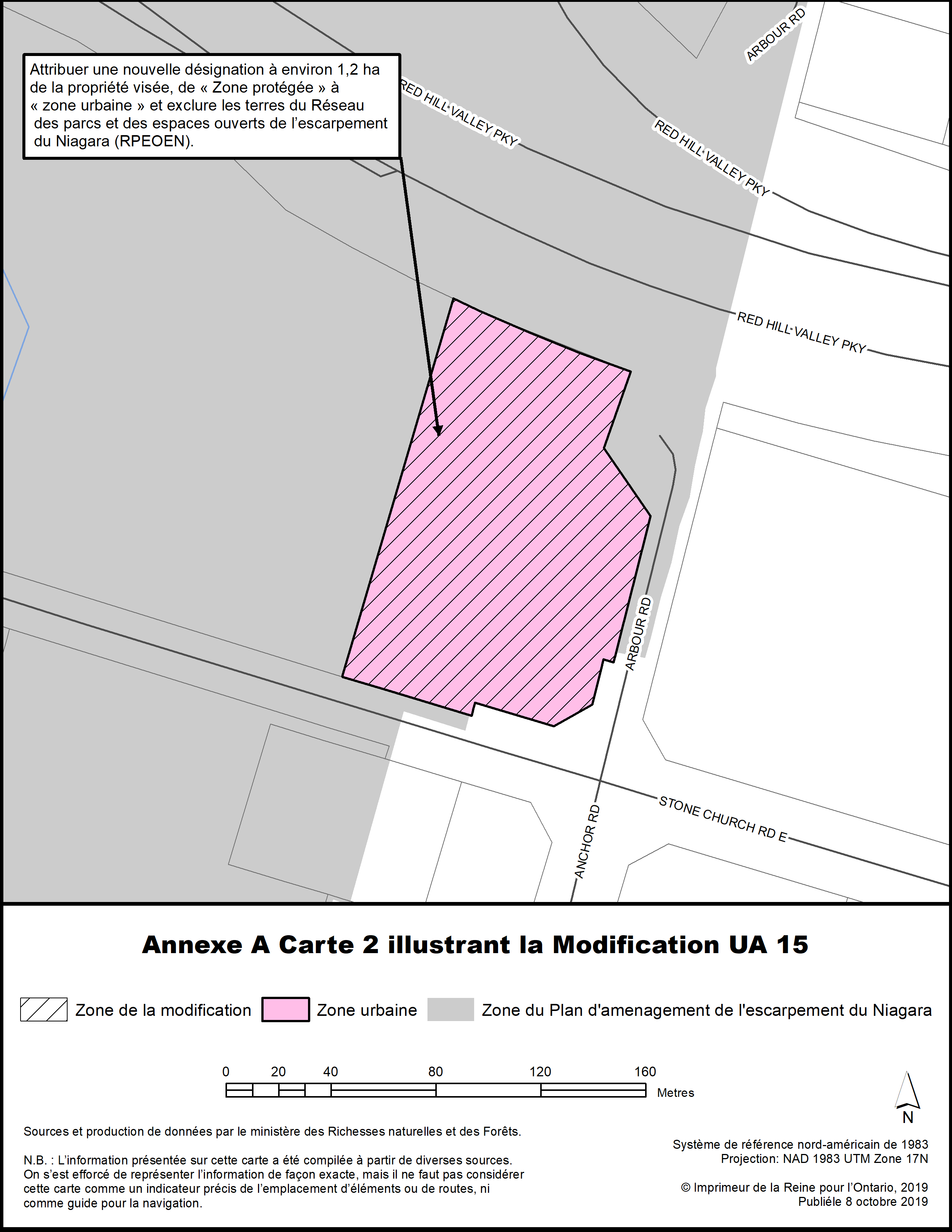 Annexe A Carte 2 illustrant la Modification UA 15.
Attribuer une nouvelle désignation à environ 1.2 ha de la propriété visée, de « Zone protégée » à « zone urbaine ».