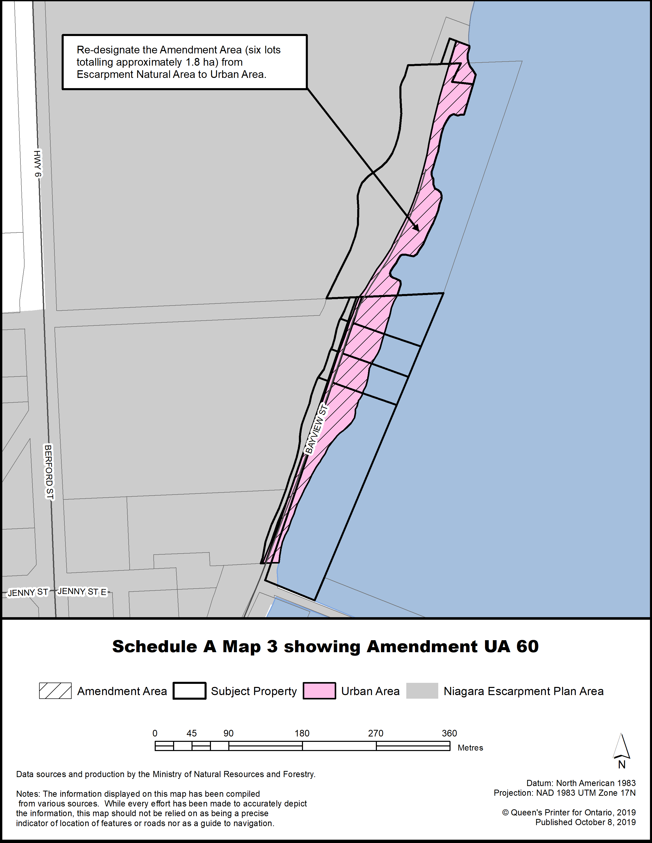 Schedule A Map 3 showing Amendment UA 60.
Re-designate the Amendment Area (six lots totalling approximately 1.8 ha) from Escarpment Natural Area to Urban Area.