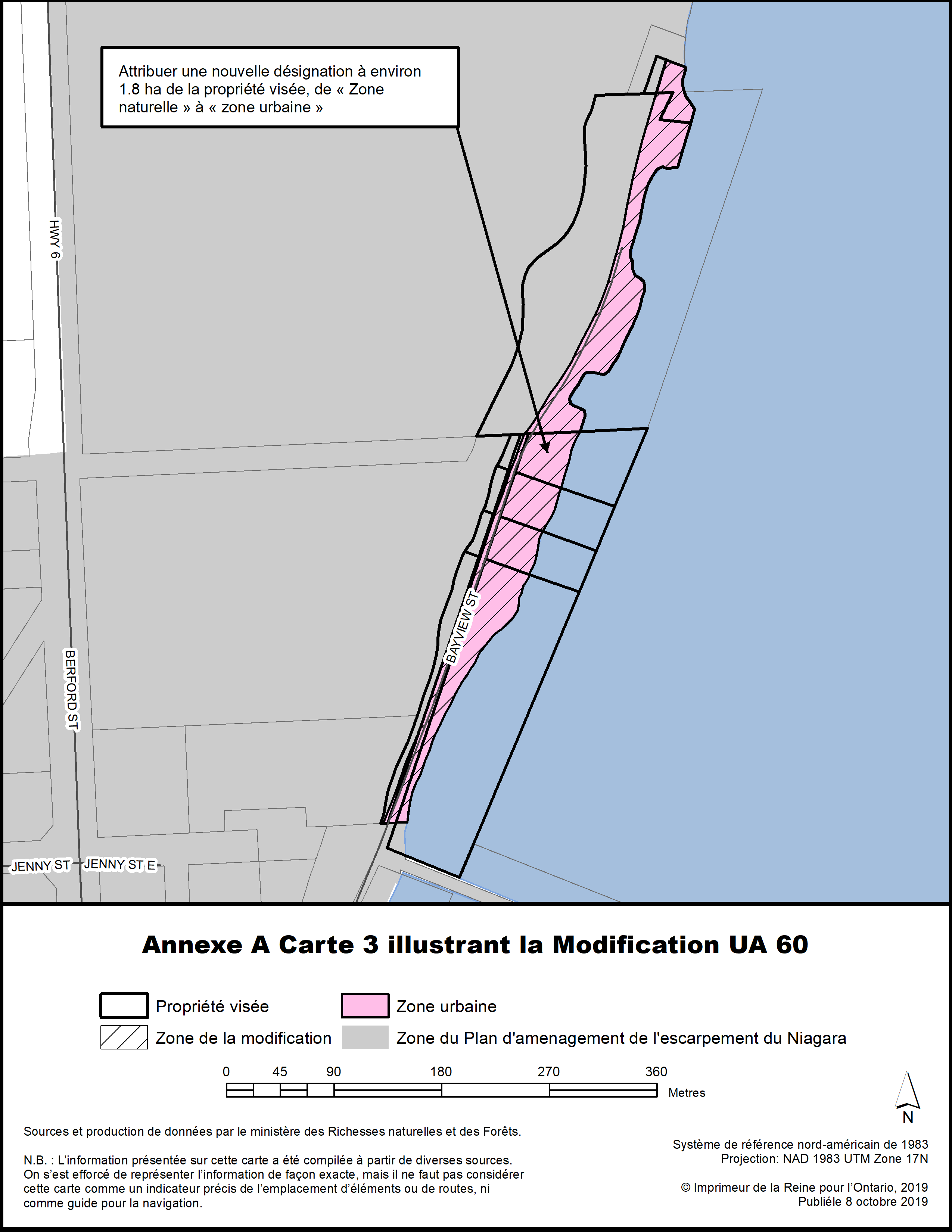 Annexe A Carte 3 illustrant la Modification UA 60.
Attribuer une nouvelle désignation à environ 1.8 ha de la propriété visée, de « Zone naturelle » à « zone urbaine ».