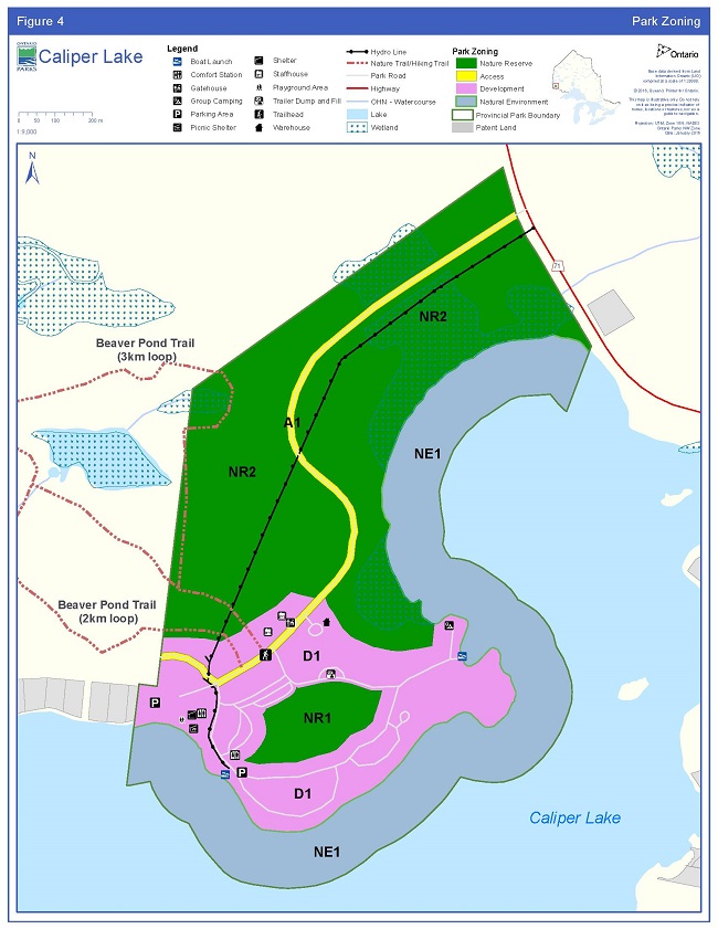This is a map showing the park zoning areas in Caliper Lake