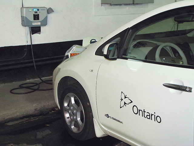 The Ontario Public Service has more than 30 electric vehicles in its fleet. This picture of the Nissan Leaf is one of them.