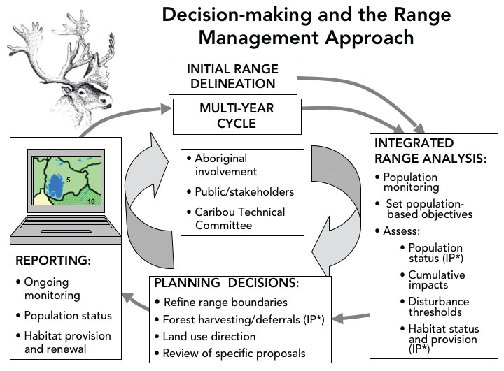 Delineated caribou ranges will be assessed through an integrated range analysis. The results of these analyses will be used to inform planing decisions. Reporting will include information on ongoing monitoring efforts, population status and the provision and renewal of suitable caribou habitat which, all of which will integrated into the multi-year adaptive management cycle and be used to inform subsequent integrated range analyses. All phases of this cycle invloves Aboriginal communities, the public, stakeholders and the Caribou Technical Committee.