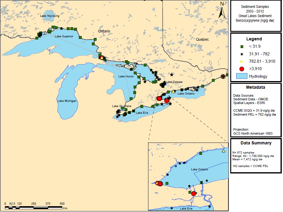 Figure 1: This figure shows the concentrations of Benzo(a)pyrene in nanograms per gram (ng/g) in sediment samples in Lake Superior, Lake Huron, Lake Ontario and Lake Erie from 2003 to 2012.  Elevated concentrations of greater than 3,910 ng/g d.w. are indicated by red circles in Lake Superior and Lake Ontario.