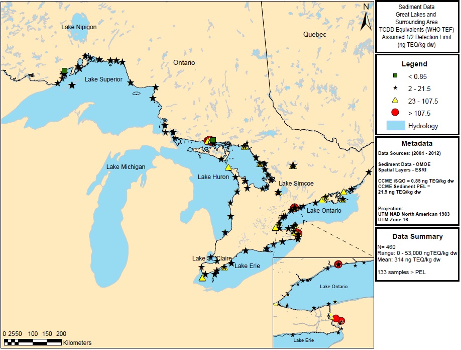 Figure 2: This figure shows the concentrations of dioxins and furans in nanograms toxic equivalency factors Toxic Equivalencies per kilogram dry weight in sediment samples in Lake Superior, Lake Huron, Lake Ontario and Lake Erie from  2004 to 2012. Elevated concentrations of greater than 107.5 Toxic Equivalencies per kilogram dry weight are indicated by red circles in Lake Huron and Lake Ontario. 
