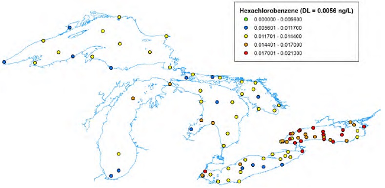 Figure 3: This figure shows the concentrations of hexachlorobenzene in nanograms per litre in water samples in the Great Lakes from 2004 to 2007. All elevated concentrations are located in Lake Ontario with the exception of one sample in the Saint Clair River which exceeded the Ontario provincial sediment quality guideline. 