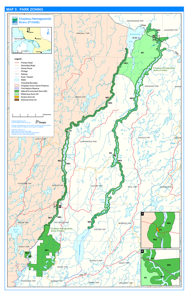 Park zoning map for Chapleau-Nemegosenda Rivers Provincial Park