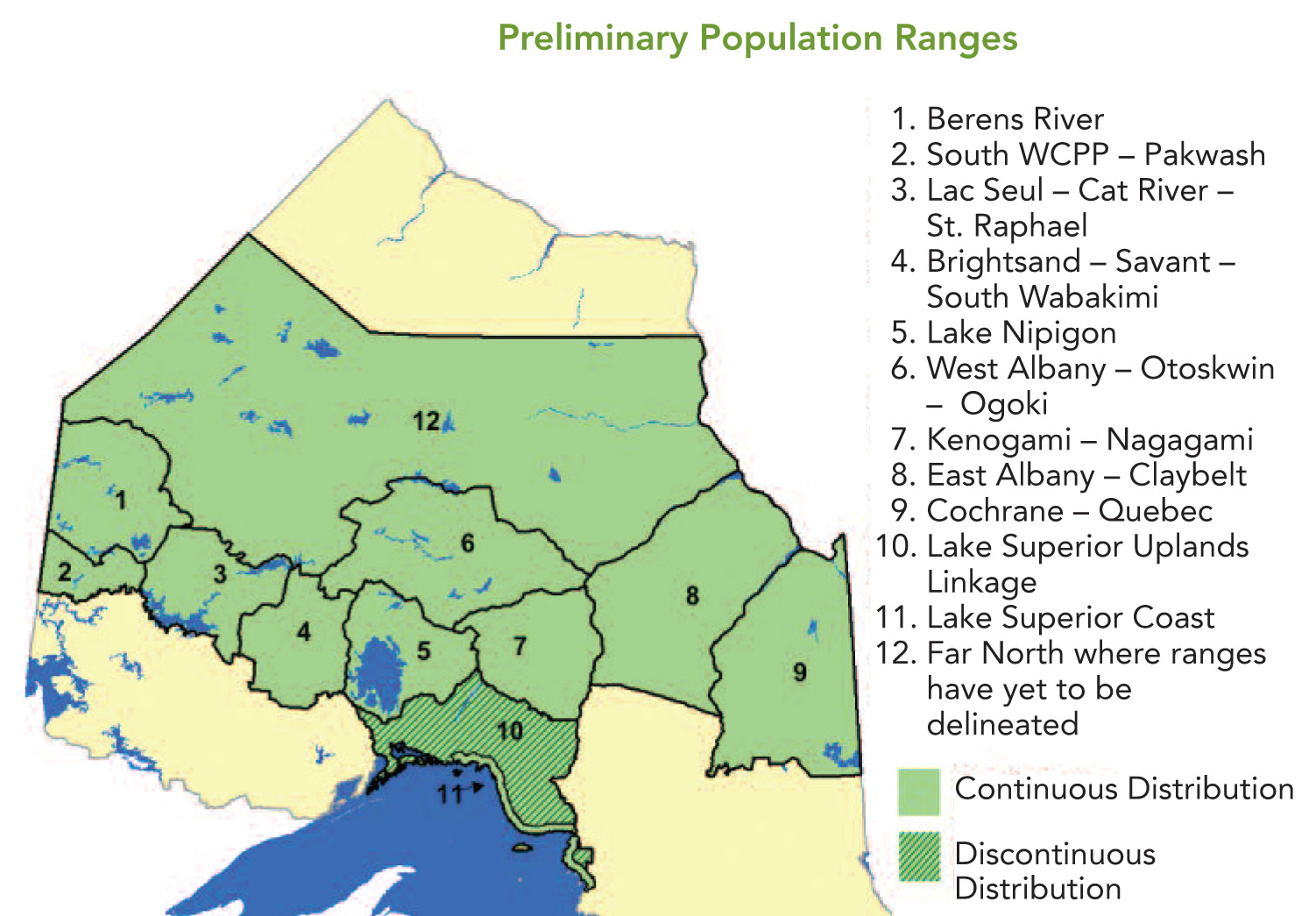 Map of Northern Ontario showing Woodland Caribou preliminary population ranges.