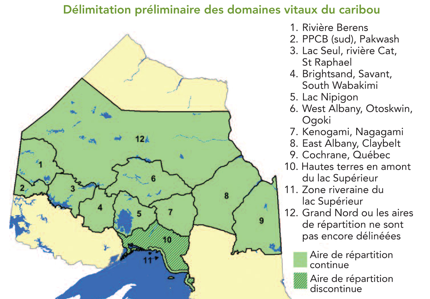 Cette carte du Nord de l'Ontario démontre les délimitation préliminaire des domaines vitaux du caribou.