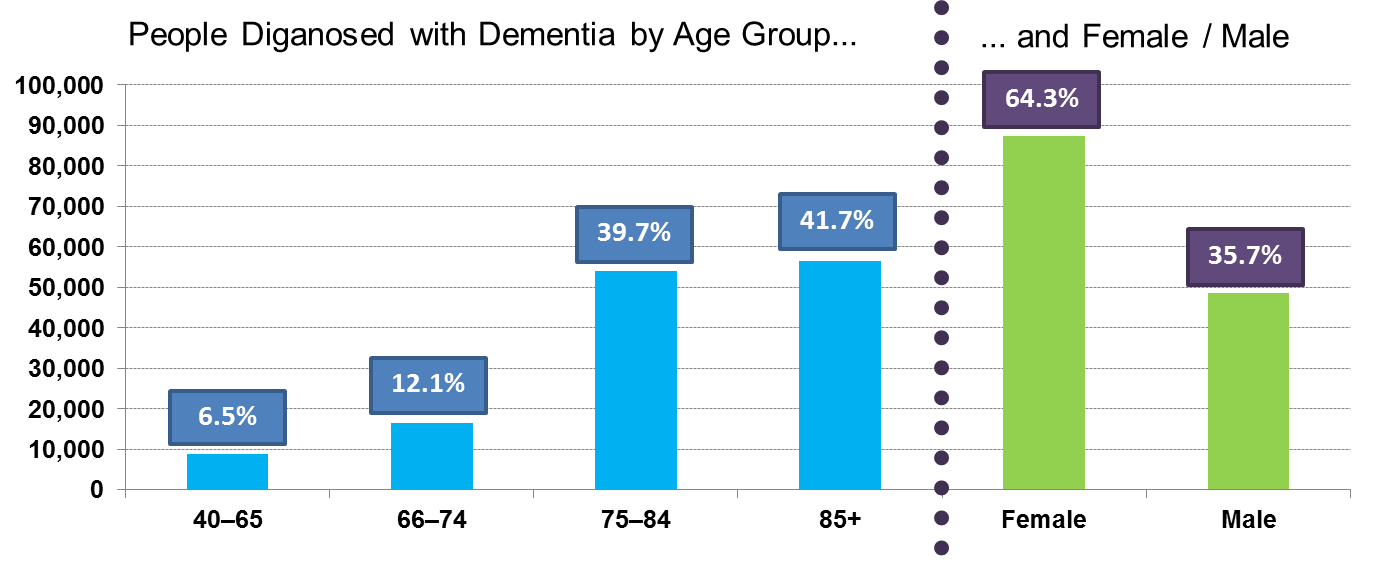 Graph of People Diagnosed with Dementia by Age Group and Female/Male. People Diagnosed with Dementia by Age Group: 6.5% of people with dementia are age 40 to 65, 12.1% of people with dementia are age 66 to 74, 39.7% of people with dementia are age 75-84, 41.7% of people with dementia are age 85 +. People Diagnosed with Dementia by Female/Male:, 64.3% of people with dementia are female, 35.7% of people with dementia are male.