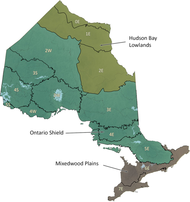 map of Ecological land classification - ecoregions including Hudson Bay Lowlands, Ontario Shield, and Mixedwood Plains.