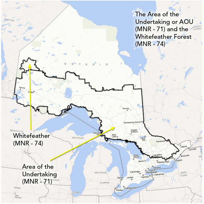 Map showing AOU and Whitefeather Forest.