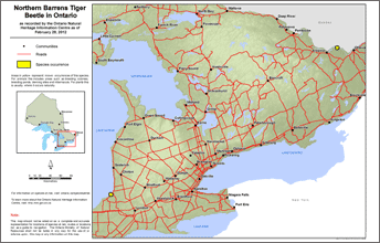 map of northern barrens tiger beetle range