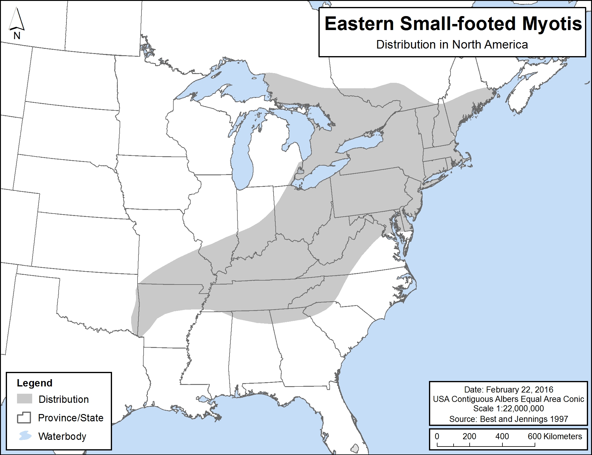 Map of North America showing the distribution of the Eastern Small-footed Myotis, which covers southern Ontario from the eastern edge of Lake Superior to the south western border of Quebec, north eastern United States and touches the north east border of Texas.