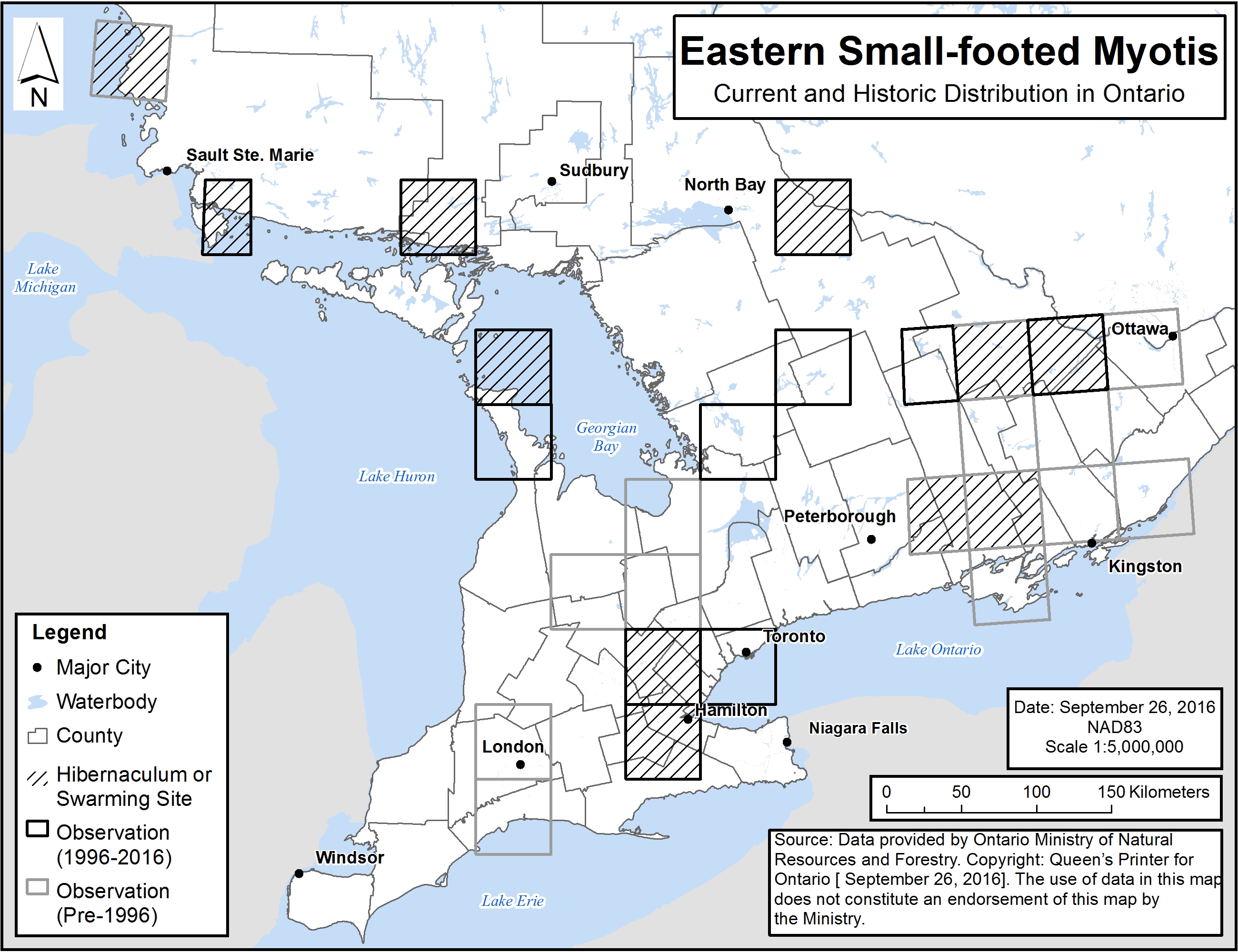 Map of the current and historical distribution of the Eastern Small-footed Myotis in Ontario. Map distinguishes observation records by time period: records from before 1996 versus records from the period 1996 to 2016. The general pattern is that there is a high density of records in Southern Ontario, with sporadic records of hibernaculum or swarming sites around the latitudes of Sault Ste. Marie, Sudbury, and North Bay.