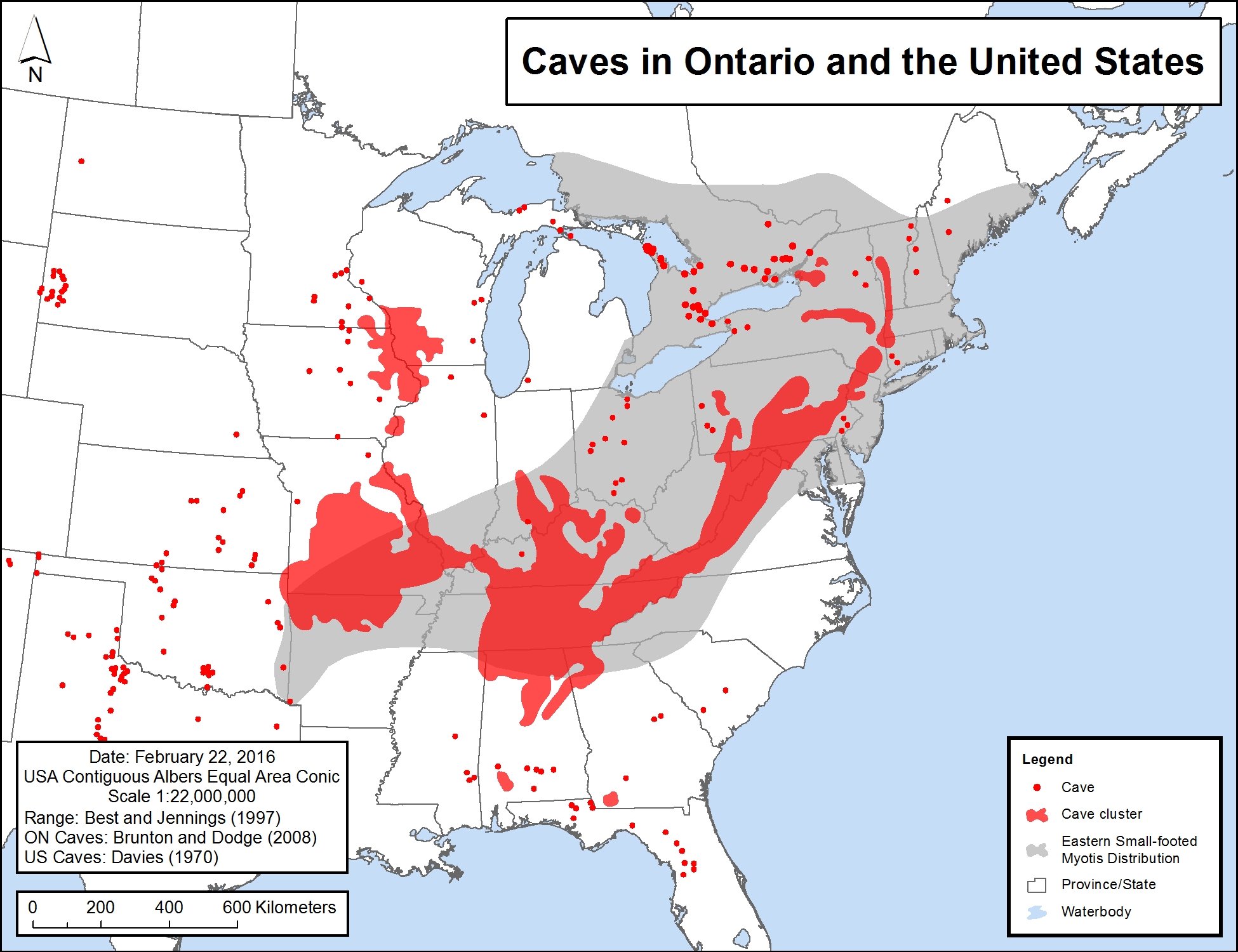 Map of caves and cave clusters, overlaid on the range map of Eastern Small-footed Myotis in North America. Broad cave clusters overlap with the Eastern Small-footed Myotis' range across much of the U.S.A. A number of limestone caves are shown within the species' Ontario range.