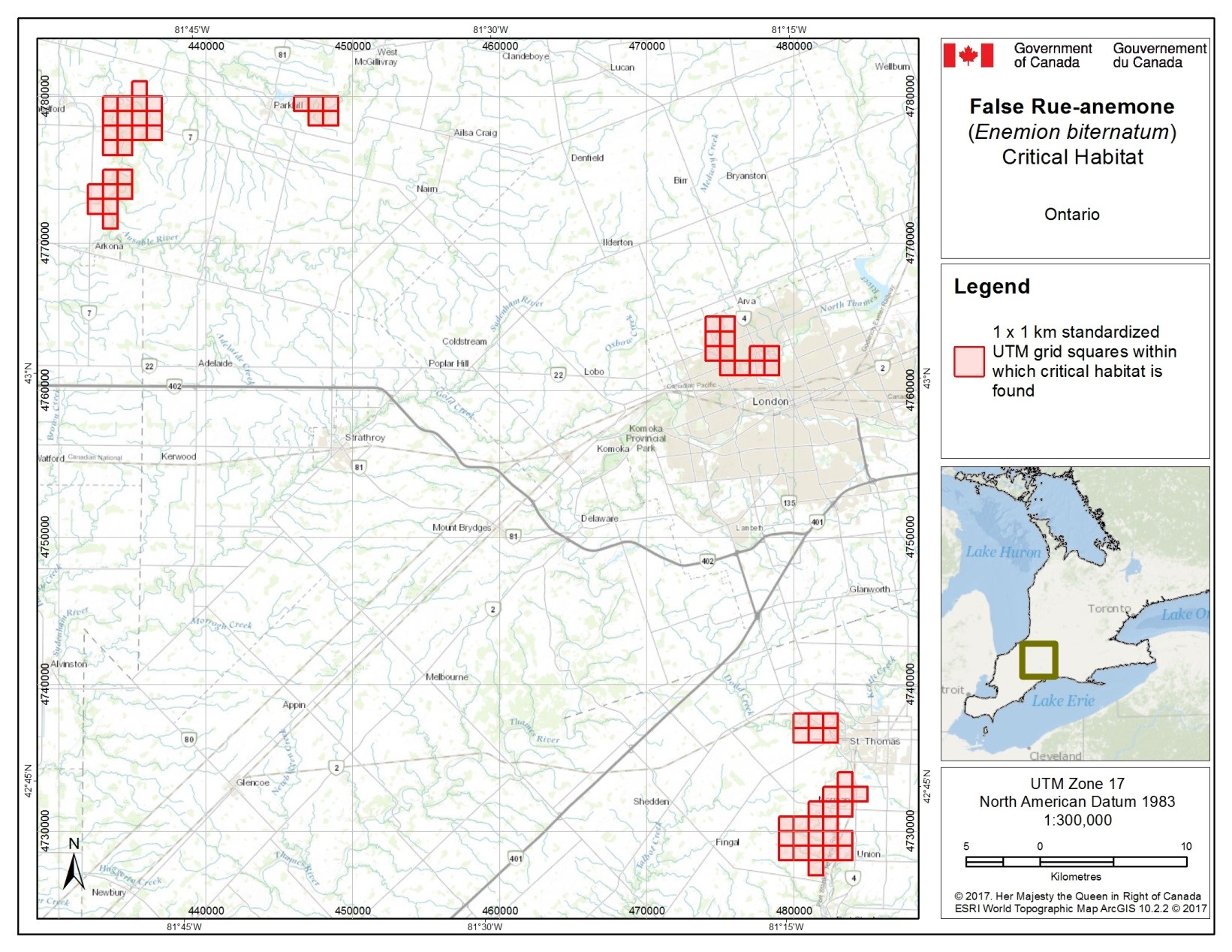 Map of identified Critical Habitat for False Rue-anemone in Canada