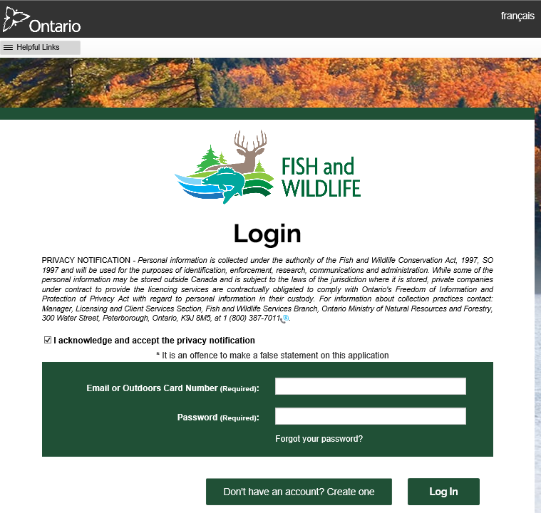 screenshot of Fish and Wildlife Licensing Service’s login screen.