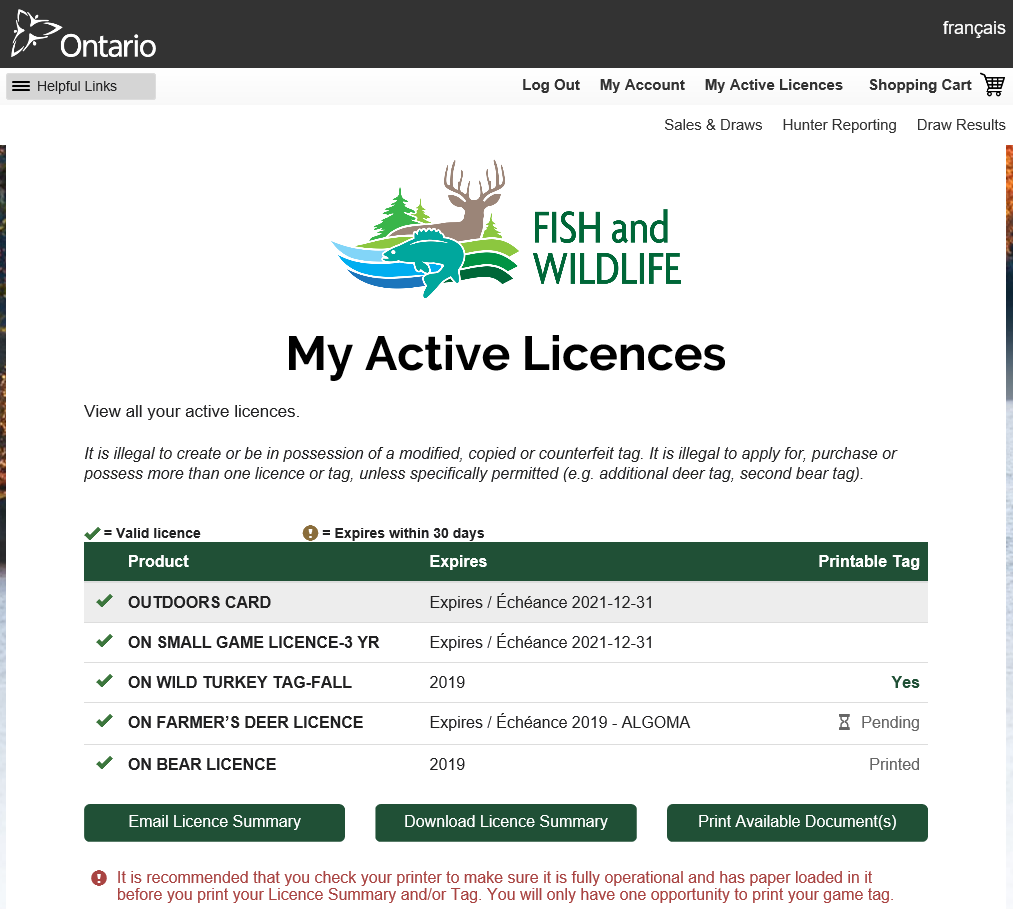 screenshot of My Active Licences webpage featuring available documents for print.