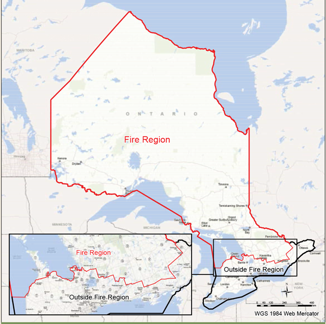 map of Ontario showing the Fire Region and Outside Fire Region