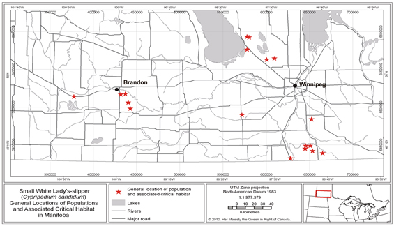 General locations of populations and critical habitat in Manitoba. (See long description below)