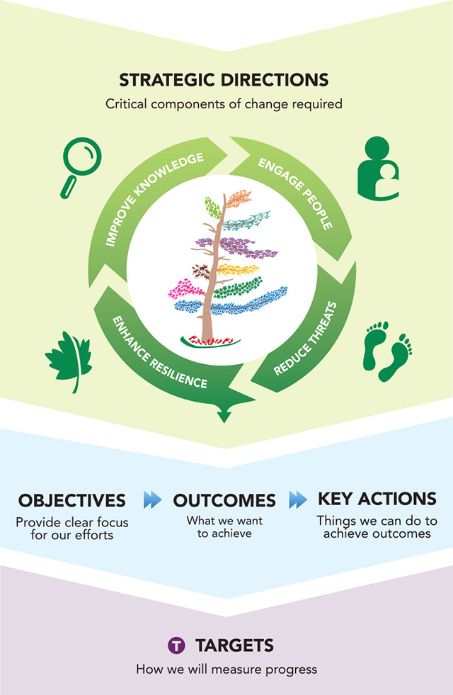 This graphic represents a visual approach to the four strategic directions in Ontario’s Biodiversity Strategy, 2011. These are the critical components of change required to conserve Ontario’s Biodiversity. The strategic directions include engage people, reduce threats, enhance resilience and improve knowledge.