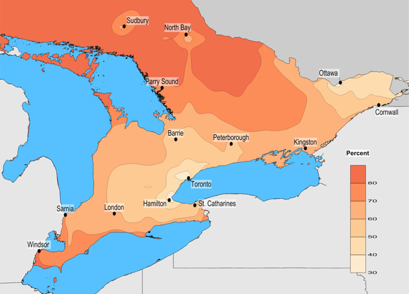 Map showing transboundary influences on Ontario’s annual average fine particulate matter concentrations.