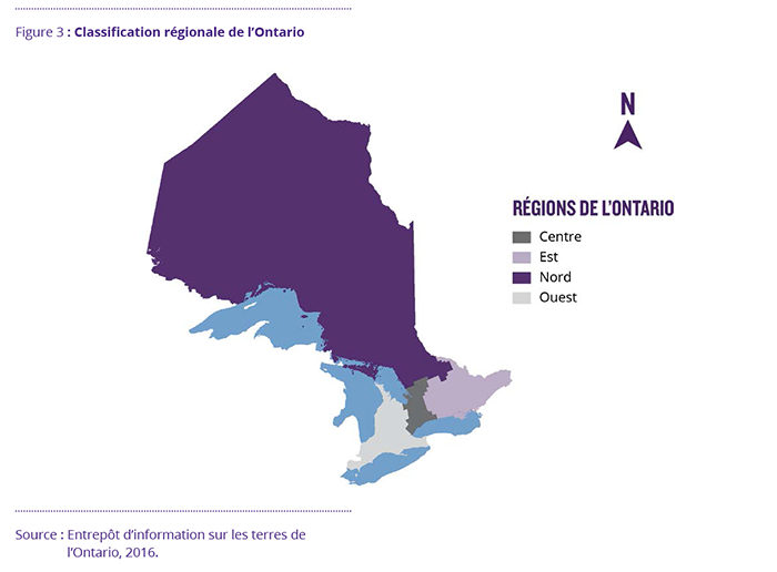 Cette carte présente la classification en quatre régions de la fonction publique de l’Ontario, à savoir le Centre, l’Ouest, l’Est et le Nord.