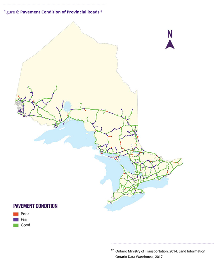 Figure 6: Pavement condition of provincial roads  The map shows the location and condition of provincial roads in Ontario. Various sections of the road are coloured-coded according to their condition, classified as poor, fair or good.