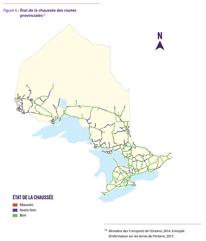 La carte indique le lieu et l’état des routes provinciales en Ontario. Divers tronçons de la route ont un code couleur en fonction de leur état, selon le classement « mauvais », « assez bon » et « bon ».