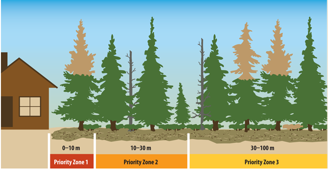 Image of vegetation management around a home within the three priority zones: 0–10 metres is Priority Zone 1, 10–30 metres is Priority Zone 2, and 30–100 metres is Priority Zone 3.