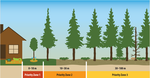 Image of vegetation management around a home to establish defensible space within the three priority zones: 0–10 metres is Priority Zone 1, 10–30 metres is Priority Zone 2, and 30–100 metres is Priority Zone 3.