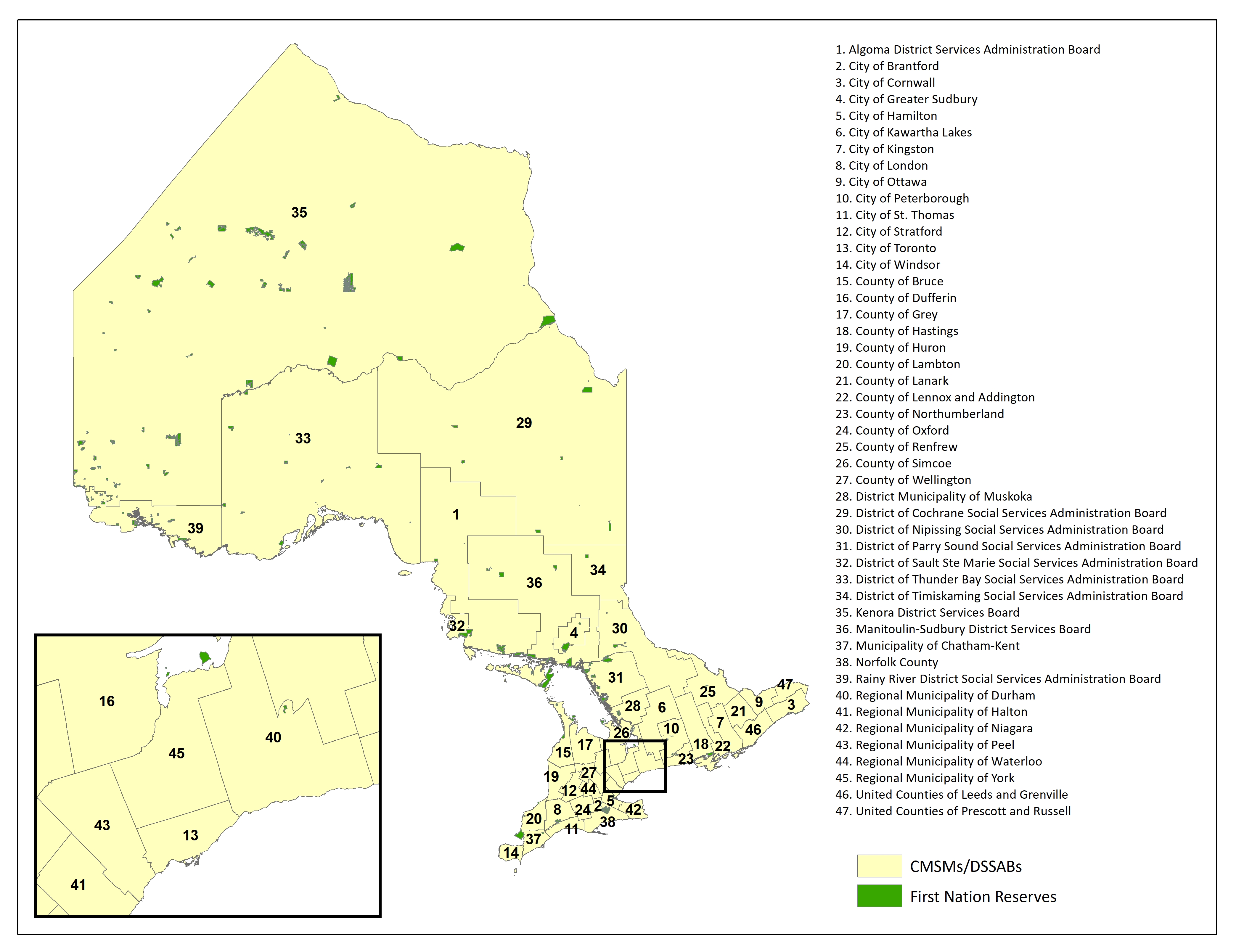 Map of Ontario showing the locations of Consolidated Municipal Service Managers and District Social Services Administration Boards