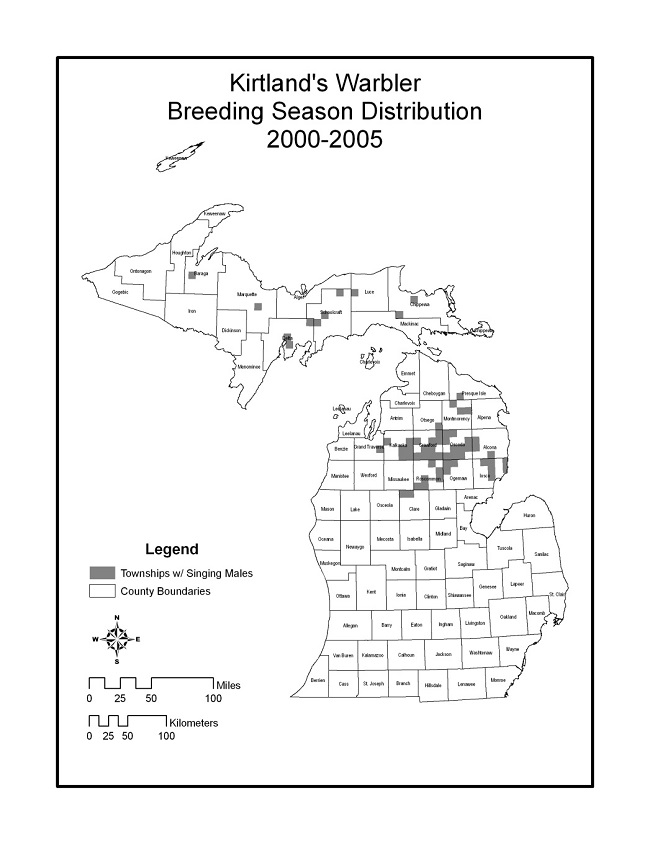 Map of Kirtland’s Warbler breeding season distribution for 2000 to 2005. The map is confined to the state of Michigan, which is the entire breeding range for this species. Townships with singing males are generally clustered in the northern part of Michigan’s Lower Peninsula, with sporadic singing male records across the Upper Peninsula.