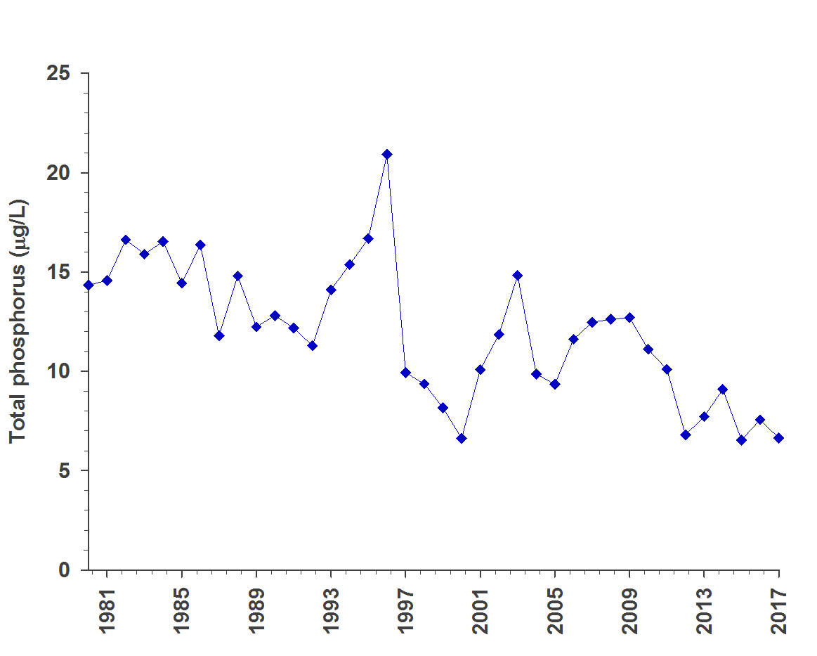 This graph shows average (yearly) changes in spring (samples collected between April 1 and June 20) phosphorus concentrations (micrograms per litre) measured over multiple sampling events between 1980 and 2017. During this time phosphorus concentrations have generally decreased. 