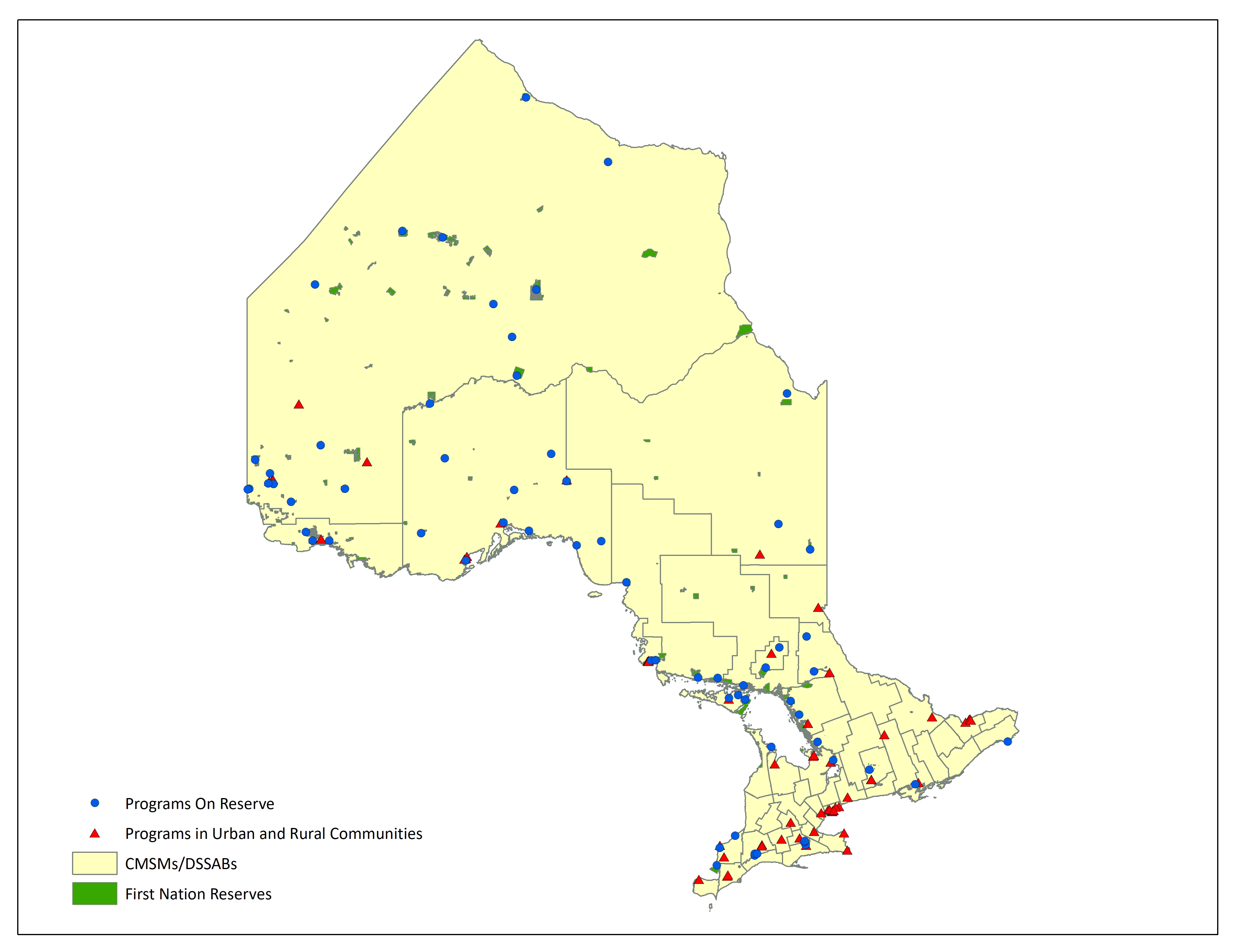 Map of Ontario showing the locations of Indigenous-led child care and child and family programs on reserve and in urban and rural communities.