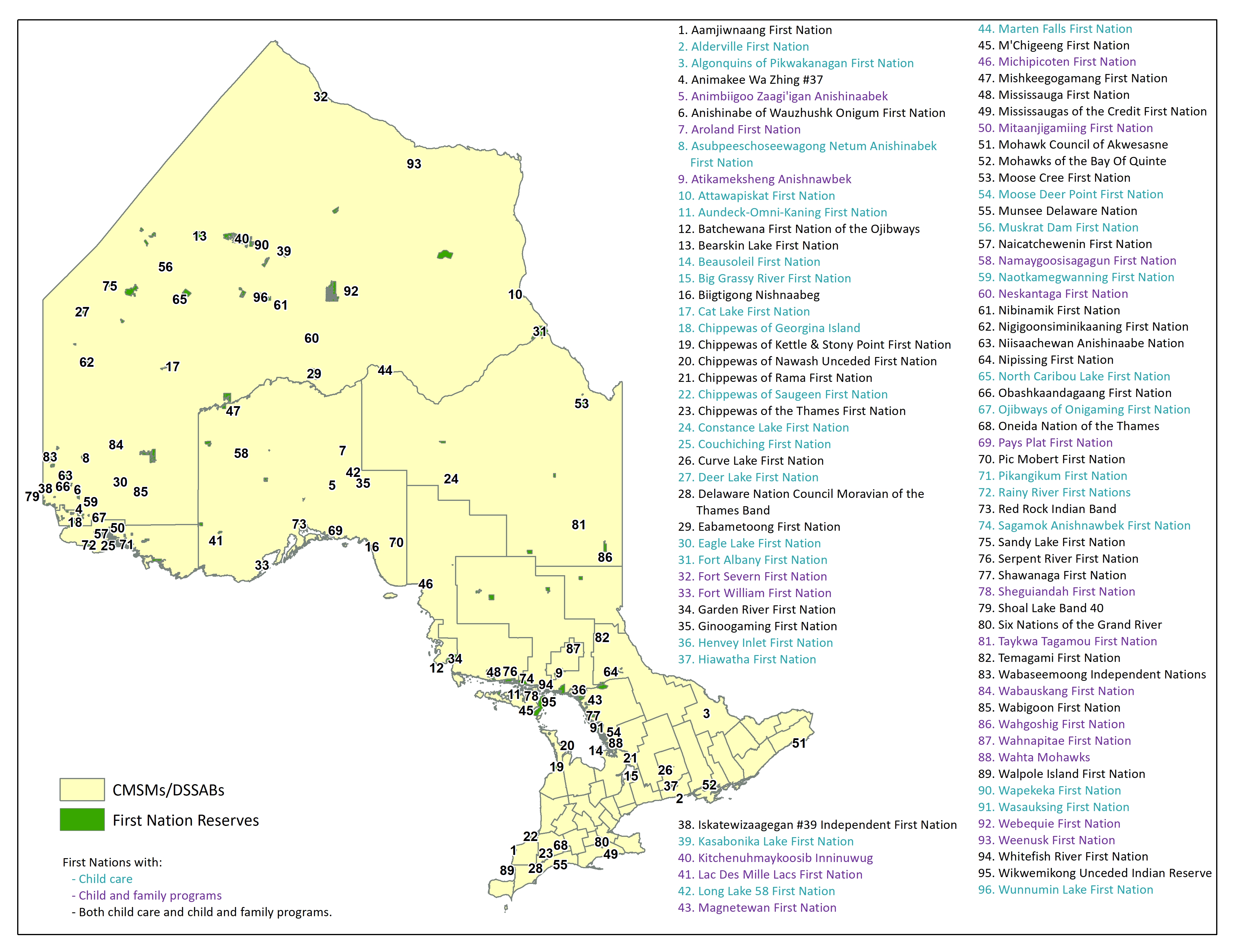 Map of Ontario showing the locations of First Nations that received provincial funding for child care and/or child and family programs as of March 31, 2020.
