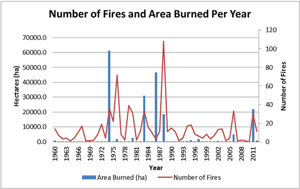 This graph shows the number of fires and area burned per year between 1960 and 2011. The area burned is in hectares. There is much variability from year to year.