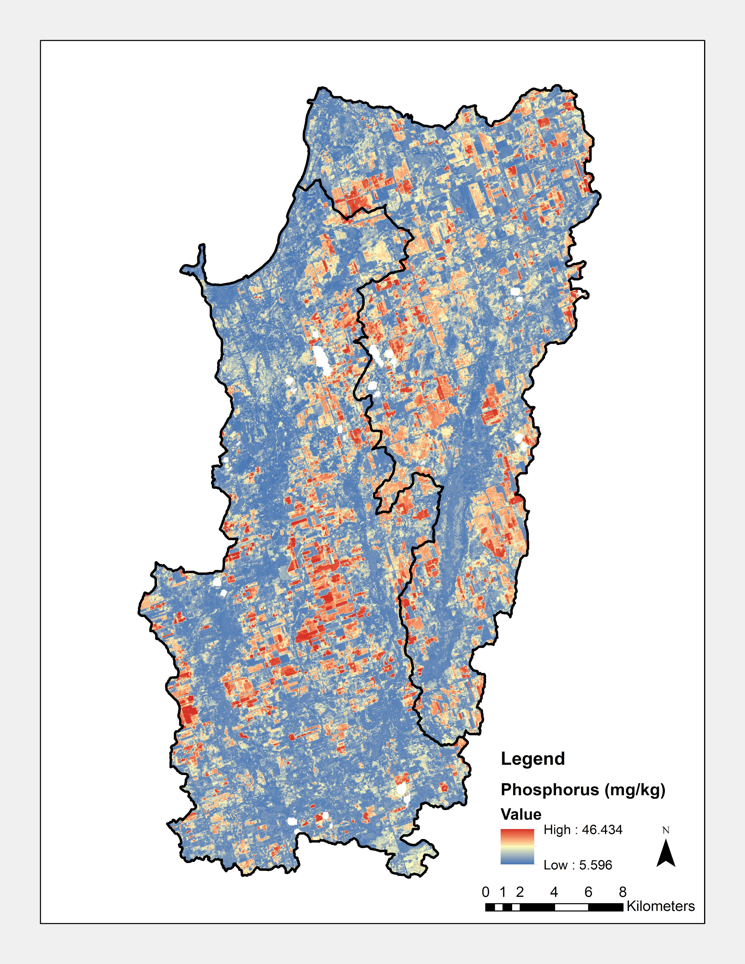 This image is of a map of the Pefferlaw/Uxbridge and Beaver subwatersheds showing the phosphorus estimates on the area on a scale where high estimates are red, medium estimates are yellow and low estimates are blue