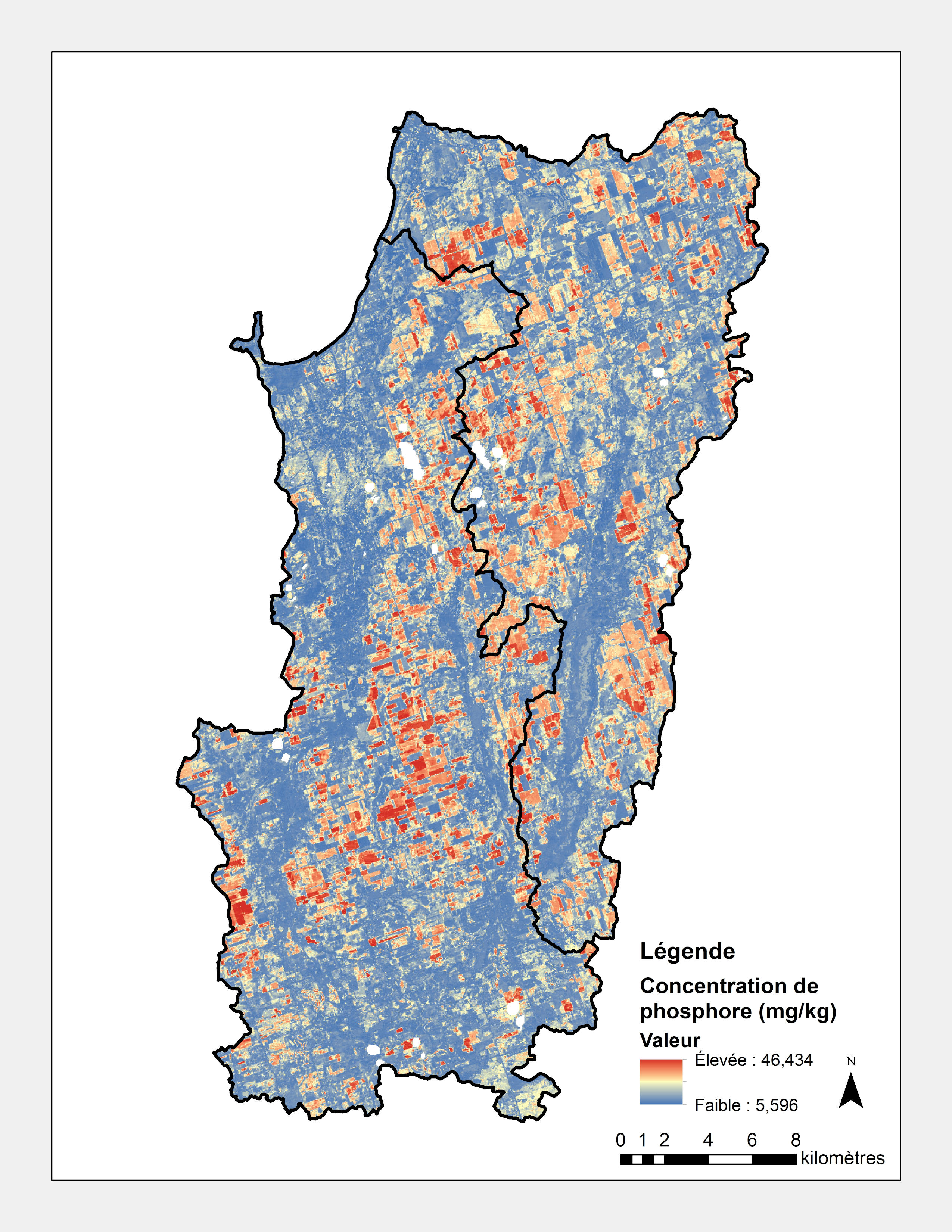 Cette image représente une carte des sous-bassins versants du ruisseau Pefferlaw/Uxbridge et de la rivière Beaver montrant les estimations du phosphore dans la région à une échelle indiquant la concentration de la façon suivante : élevée en rouge, moyenne en jaune et faible en bleu