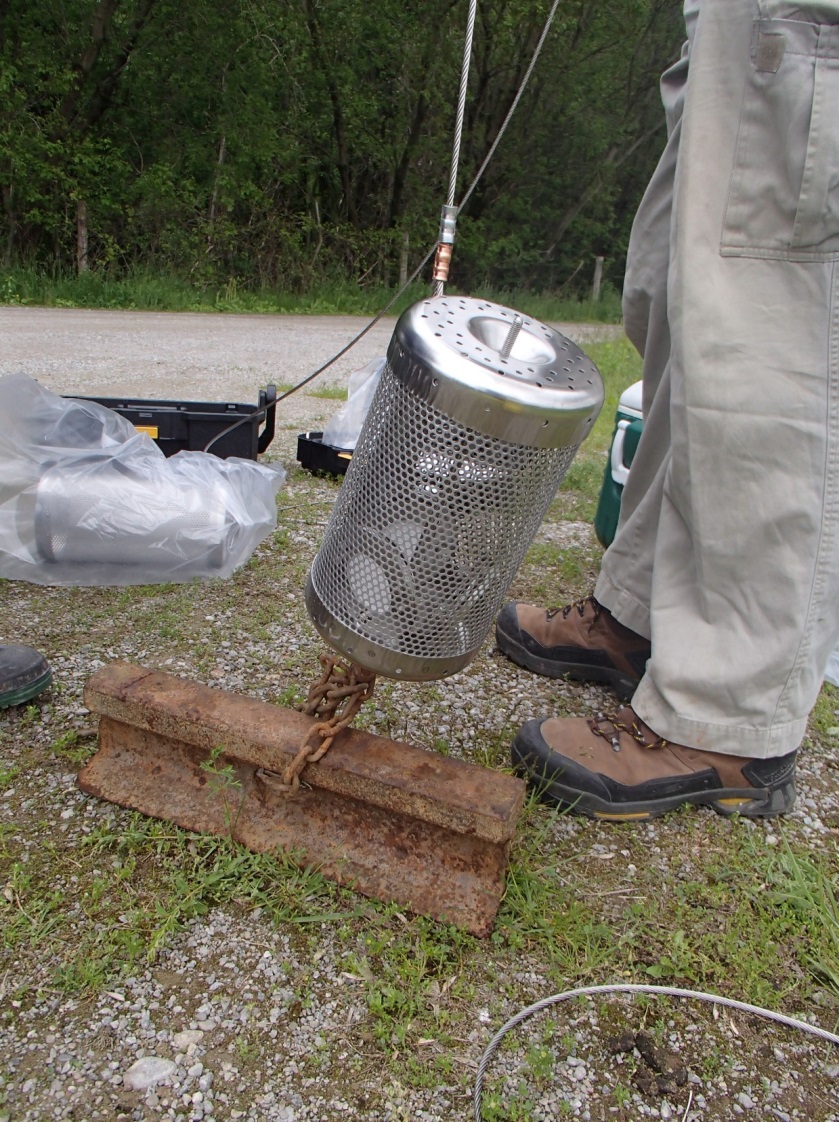 This image is a picture of the Polar Organic Chemical Integrative Sampler encased in a cylindrical cage prior to the deployment in the East Holland River