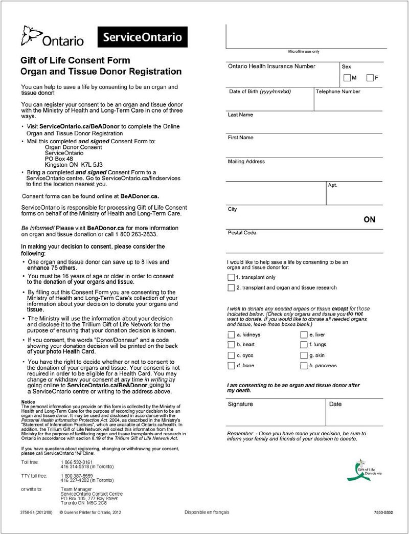 Image of original organ and tissue donor registration form.